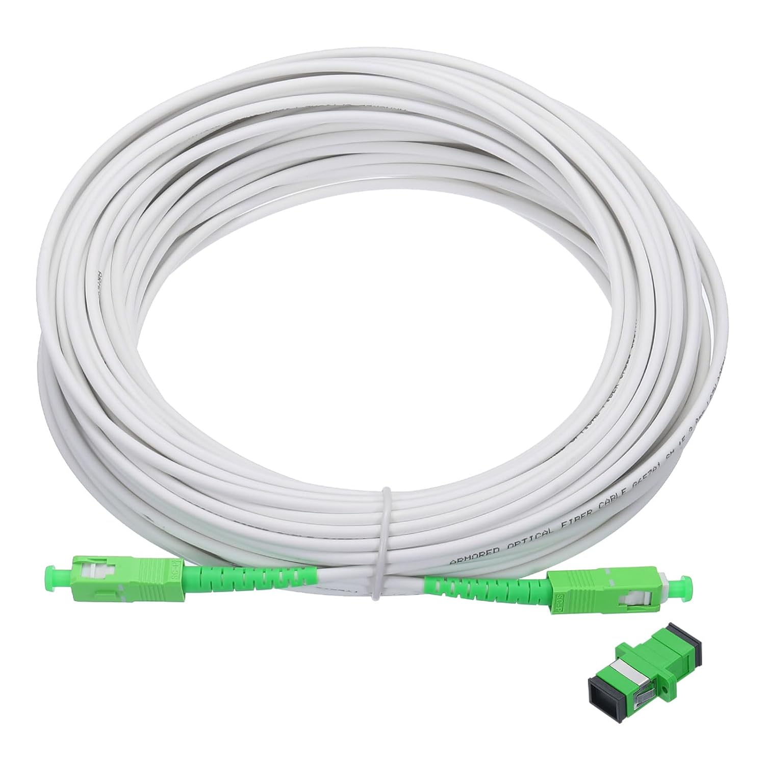 MECCANIXITY 1Pcs 65.6Ft Single Mode Simplex OS2 Fiber Optic Patch Cable LSZH SC/APC-SC/APC Armored Jumper Optical White for Fiber Optic LAN Networks with Adapter