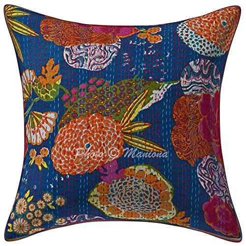 ManionaCrafts Indian Kantha Work Blue Cushion Cover Floral and Fruit Handmade Throw Pillow Boho