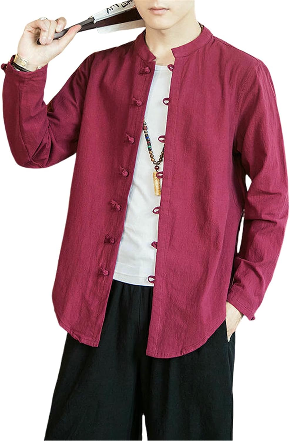 Men's Cotton Linen Chinese Style Long Sleeve Vintage Traditional Stand Collar Frog Buttons Thin Shirt
