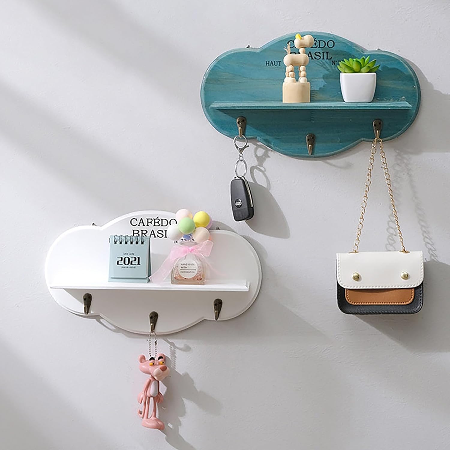 Cloud Cactus Wall Shelf with Dual Storage, Floating Shelf for Entryway, Living Room, Natural Wood Frame & Blue/White Design, Key Holder, Decor Organizer(Blue)