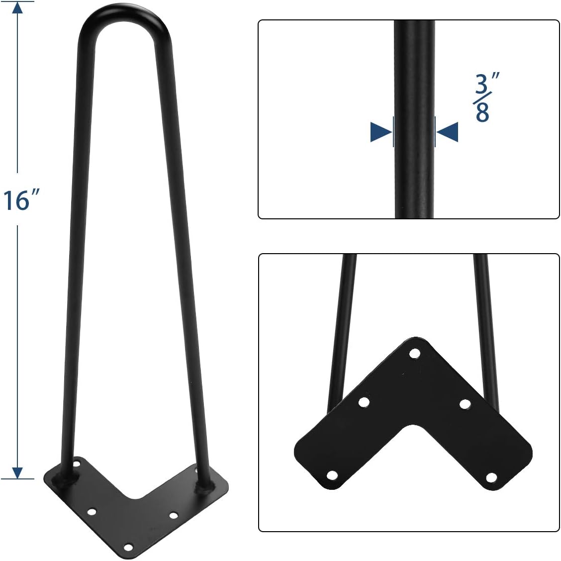 AECOJOY 16" Black Hairpin Legs, 3/8" Diameter, Set for 4 Heavy Duty 2 Rods Table Legs, for DIY Desk, Stand, Bench