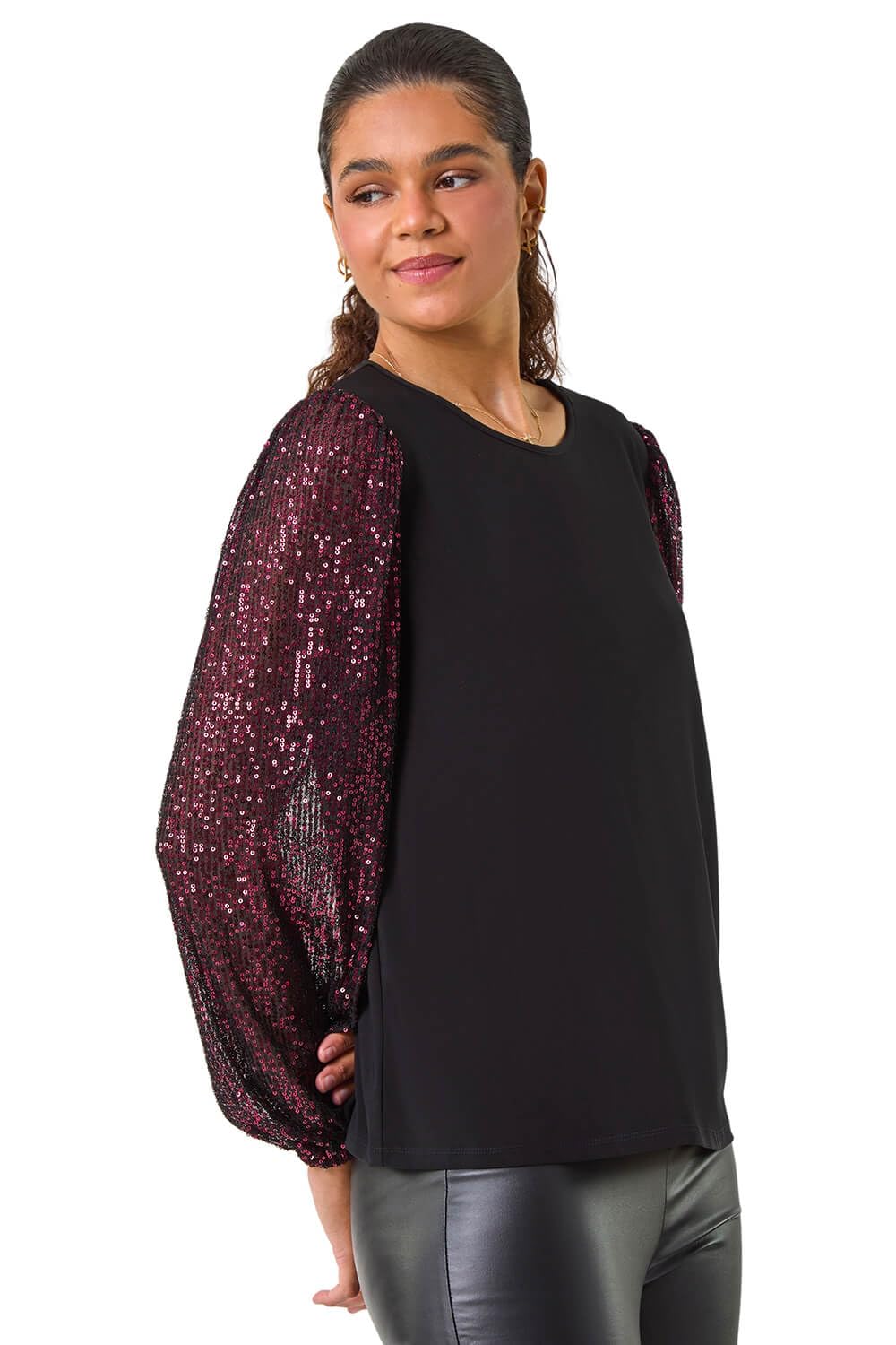 Roman Originals Women's Magenta Sequin Sleeve Stretch Top For Uk - Everyday Autumn Winter Round Neckline Comfy Soft Evening Vacation Work Party Night Out - Size 20