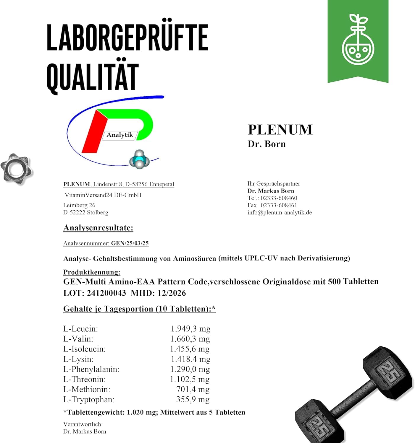 GEN GERMAN ELITE NUTRITION EAA Multi Amino - 500 Tabletten - je 1000 mg | Alle 8 essentielle Aminosäuren in der Human Code Formel, pflanzliche Fermentation, Hochdosiert, vegan, laborgeprüft