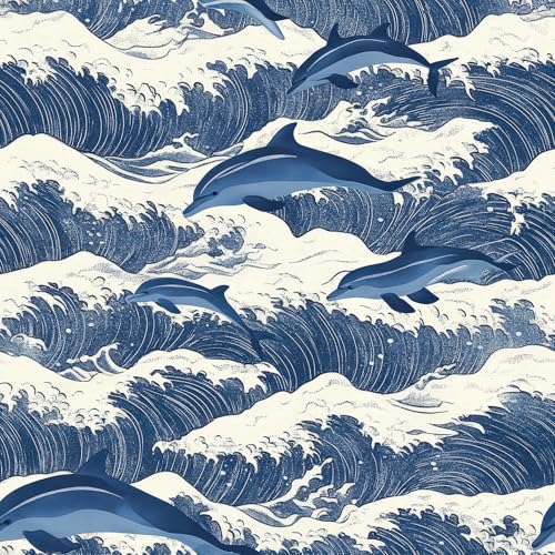FunStick Blue Coastal Wallpaper Peel and Stick Japanese Ocean Dolphin Wave Wallpaper for Bathroom Bedroom Walls Self Adhesive Blue and White Coastal Contact Paper Removable Wall Paper Mural 17.5"x118"