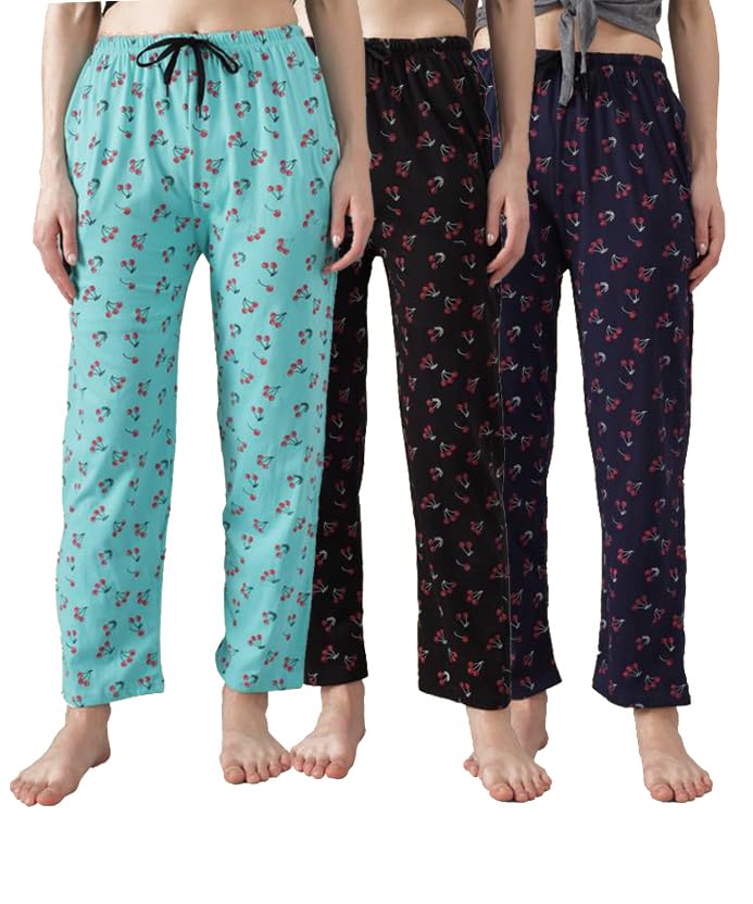 Image of Women's Cotton Pyjama, Drawstring Waist with Pockets, Soft Comfortable Sleepwear - (Pack of 3)
