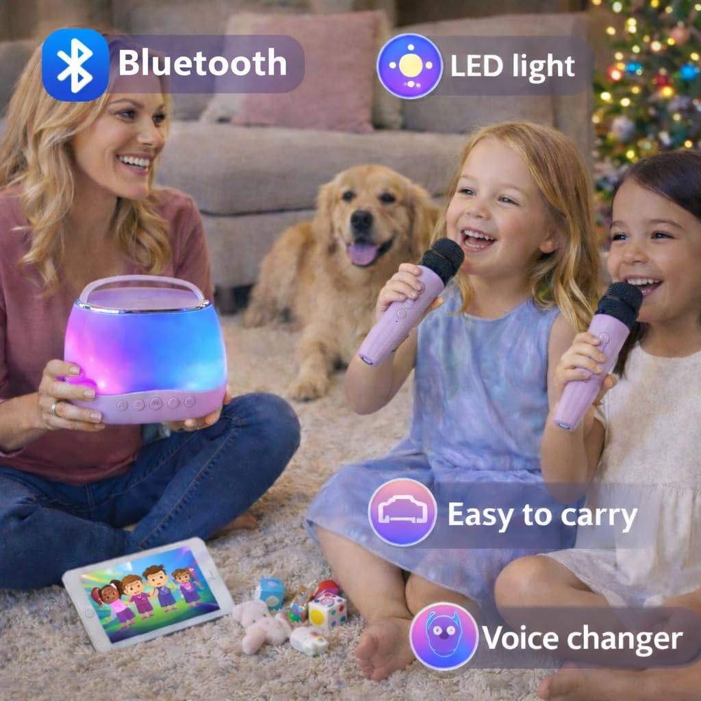 Kids Karaoke Machine with 2 Wireless Microphones, Bluetooth Speaker with Voice Changer & LED Lights, Portable Singing Toy Gift for Boys & Girls Ages 3–12 - Image 6
