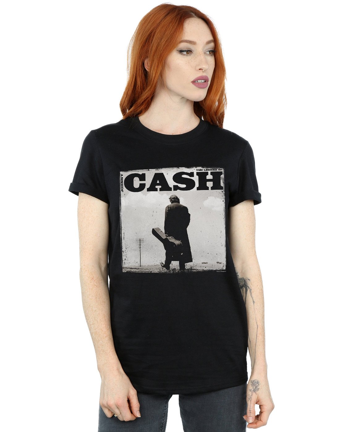 Absolute Cult Johnny Cash Women's Walking Legend Boyfriend Fit T-Shirt Black XXX-Large