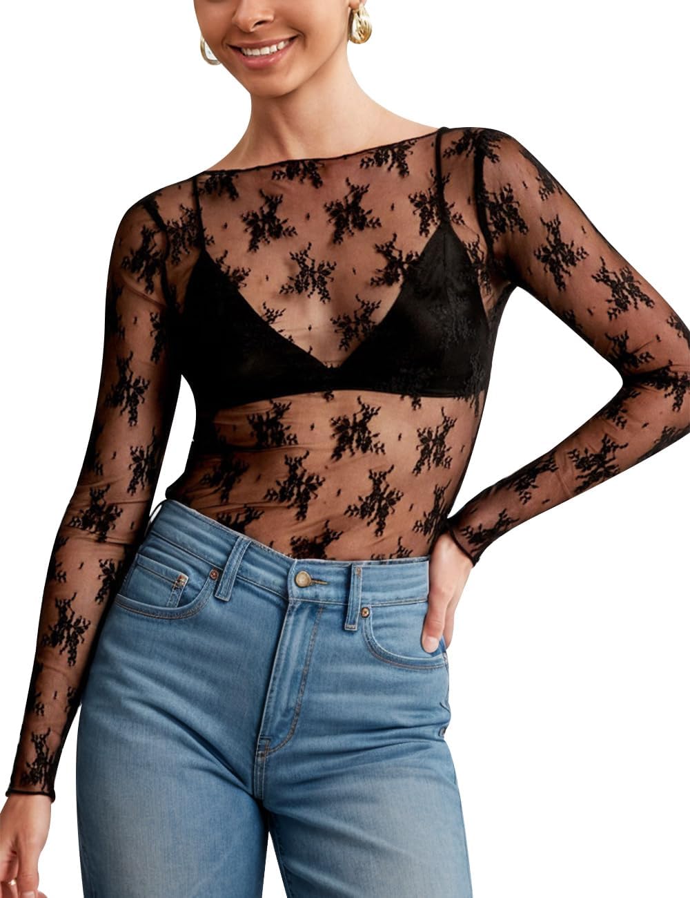 KTILG Womens Lace Long Sleeve Boat Neck Tops Sheer Blouse Sexy See Through Shirt Mesh Top S-XXL