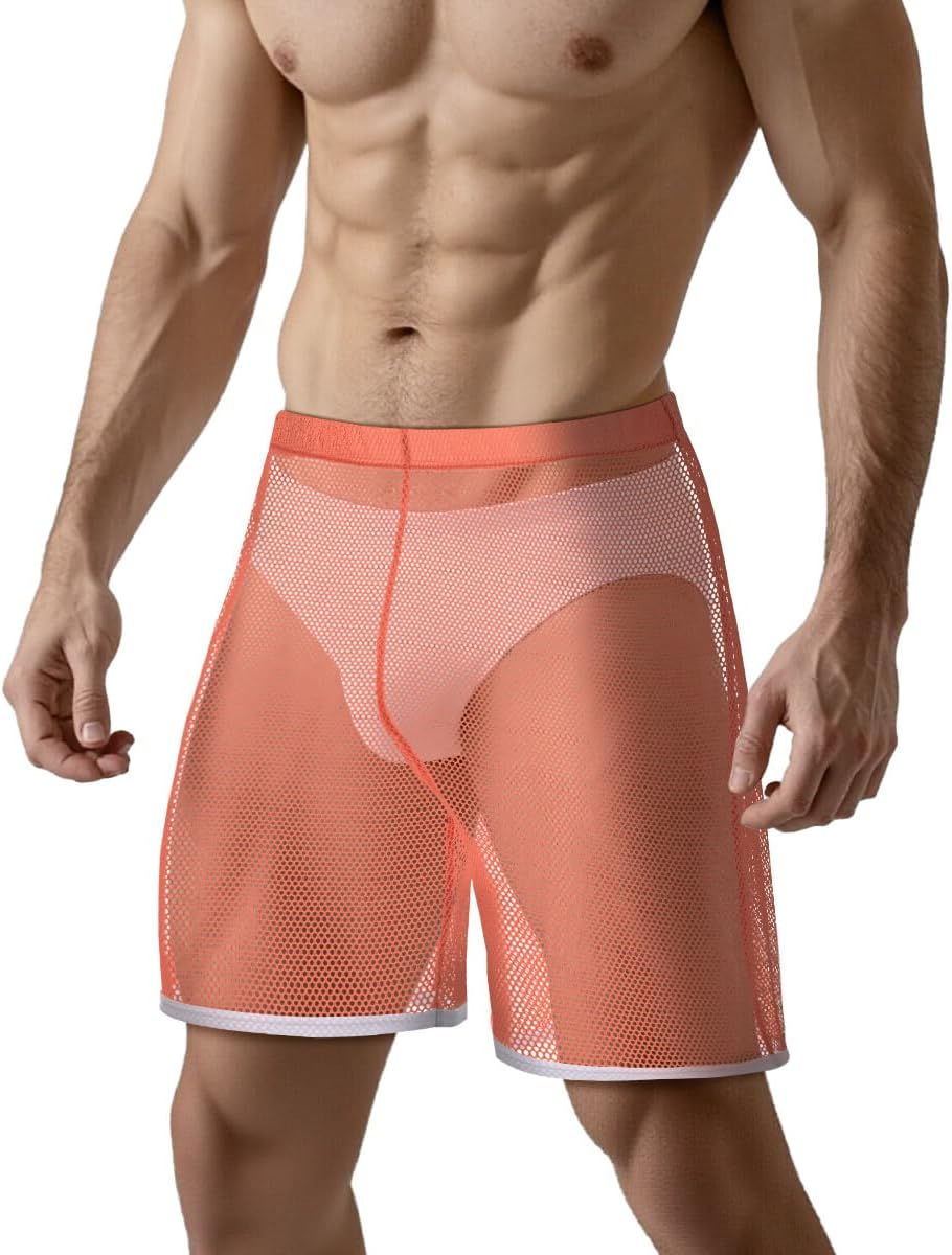 Men's Sparkly Sheer Mesh Boxer Shorts See Through Fishnet Underwear Trunks Lounge Pajama