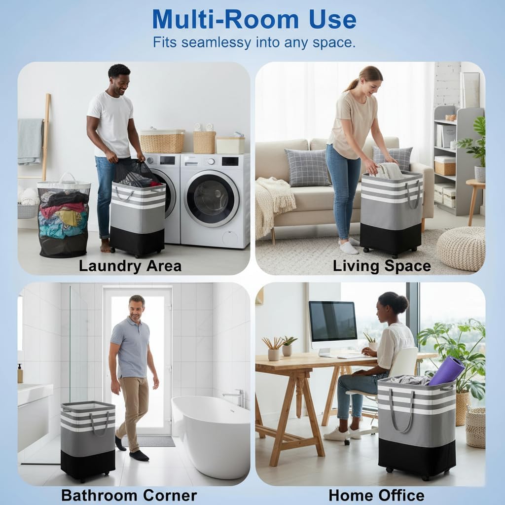 105L Large Laundry Basket with Wheels, Collapsible & Waterproof Hamper with Removable Mesh Bag, Freestanding Rolling Clothes Organizer for Bedroom, Bathroom, Laundry Room, Grey