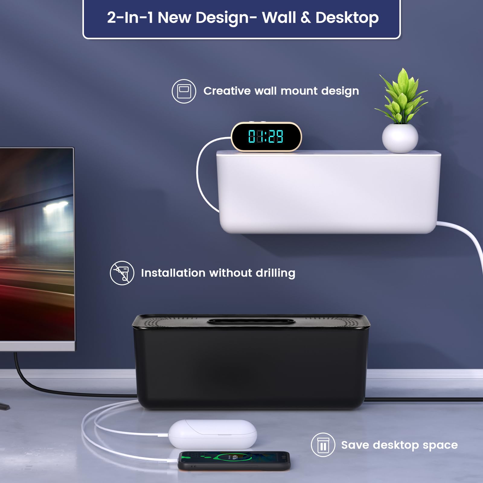 Cable Management Box - Newest Wall Mount Cord Organizer Box for Power Strips, Chargers, TV Computer Wire, Surge Protector Cord Hider Box: Cable Organizer Box for Home & Office - White