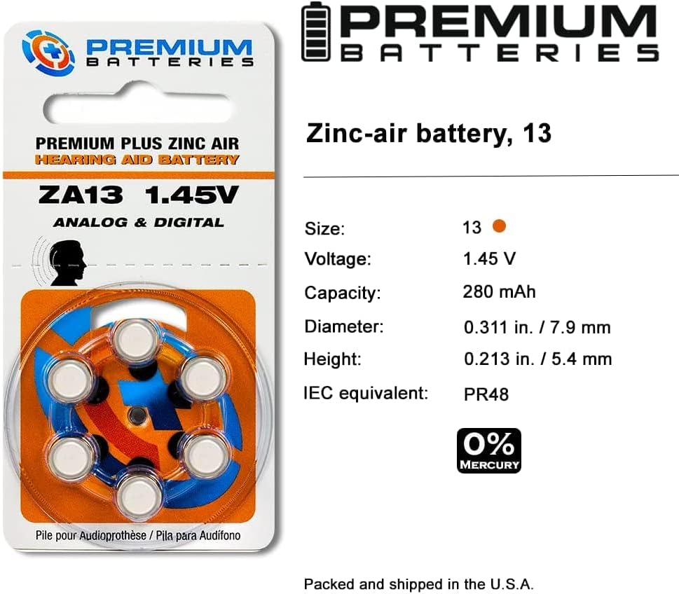 Miniatura 3 de Premium Batteries Tamaño 13 ZA13 P13 PR48 1.45 V - Pilas de audífonos de zinc con pestaña naranja (60 baterías)