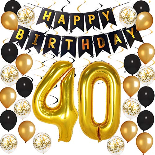 40th Birthday Decorations for Men Women, Black and Gold Party Decorations with Happy Birthday Banner 40th Black and Gold Confetti Balloons Swirls for 40th Birthdays, Anniversary Parties Decorations