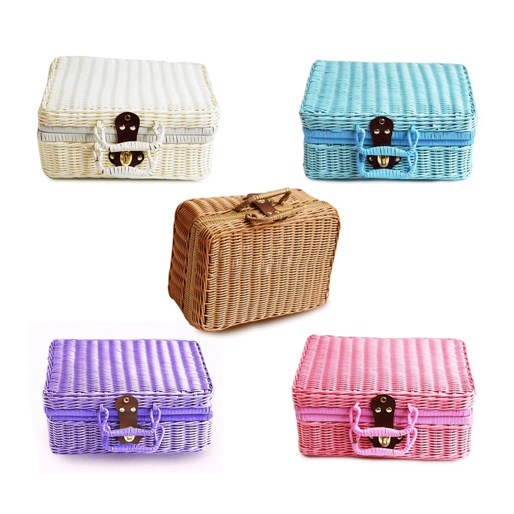 Przechowywanie Makijaż Przenośna rattanowa torebka Materiał ochronny Imitacja Walizka Retro Pudełko do przechowywania kosmetyków Toaletka, B, 34x24x14cm