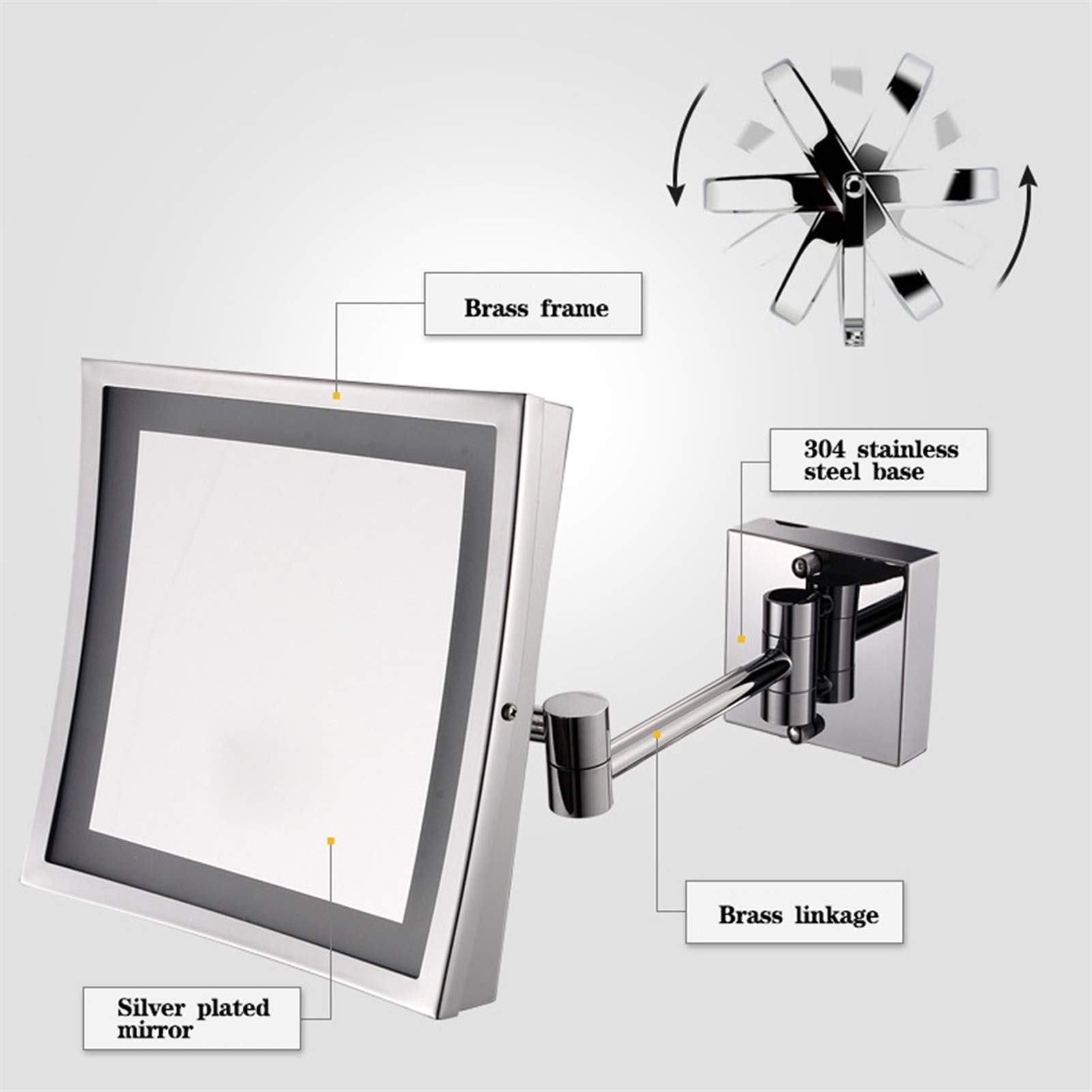 De Pared Iluminación LED Espejo de baño, Espejo de Maquillaje, Extensible de una Cara Espejo de baño, 3X Espejo de Aumento, para baño, Plaza,Black