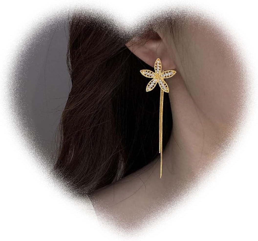 W WEILIRIAN Boho Crystal Flower Jacket Earrings for Women Flower Tassel Chain Earrings Gold Rhinestone Flower Earrings Cz Flower Stud Earrings Two Ways Front Back Earrings Jewelry for Girls