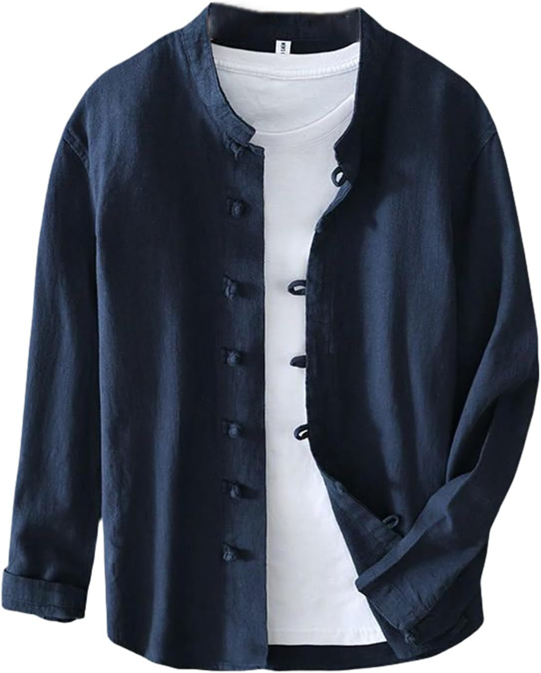 SOFTPEAK Men's Chinese Style Casual Loose Fit Ramie Cotton Linen Frog Button Long Sleeve Shirt