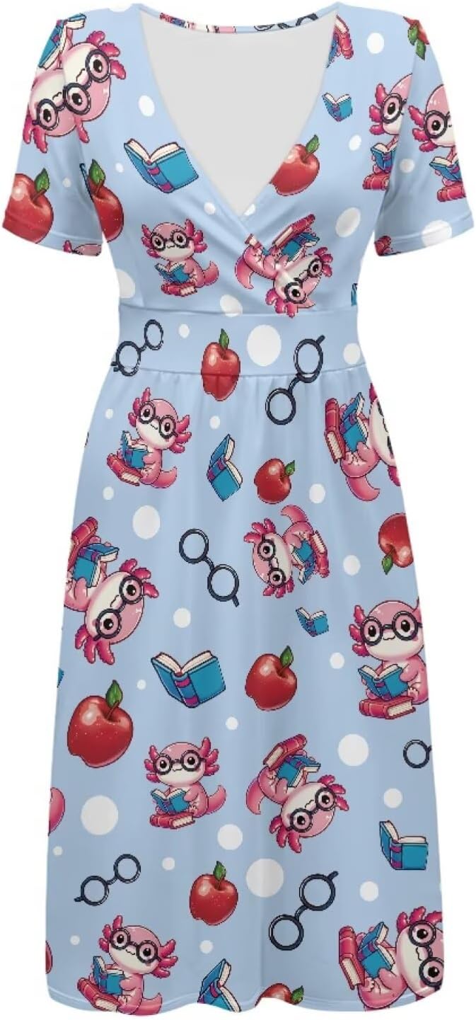 Beauty Collector Dress for Women V Neck Short Sleeve School Sundress with Pockets