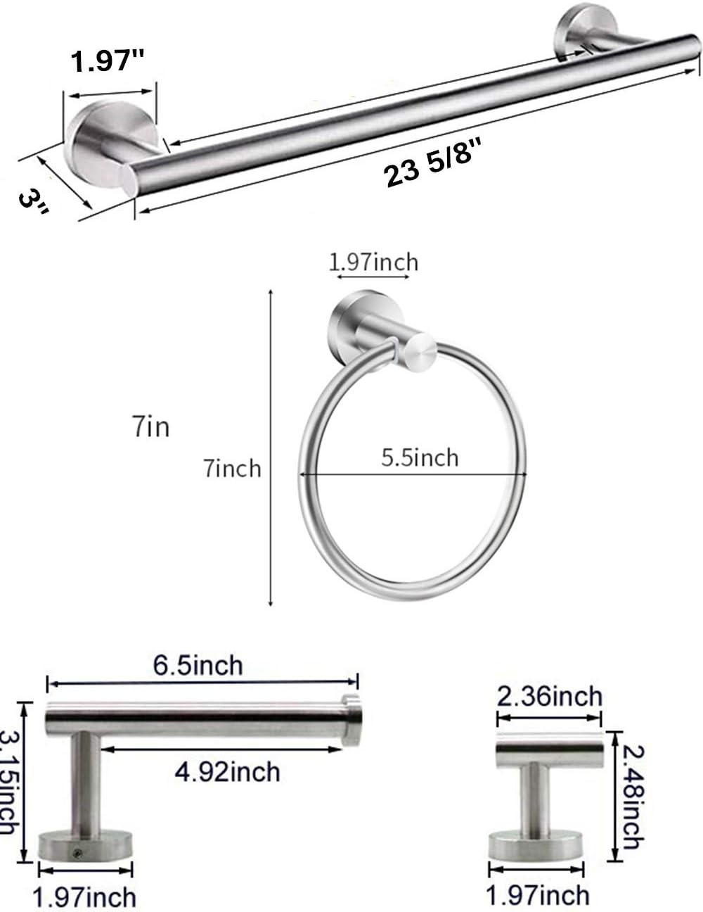 Gecious Nickel Bathroom Hardware Accessories Set Including 24 Inches Towel Bar, Toilet Paper Holder,Round Towel Ring,Robe Hook SUS304 Stainless Steel Wall Mount Round Style Accessory BH5 : Tools & Home Improvement