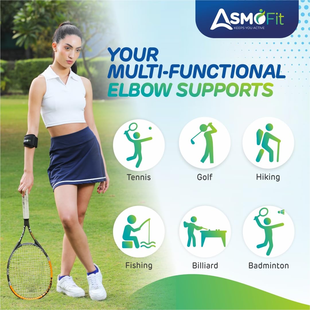 Asmofit Tennis Elbow Support for Gym with Adjustable Strap | Elbow band for pain relief in Bursitis, Tendonitis Support | Ideal for Men & Women, Weightlifting, Volleyball & Cricket - Black (Size: Universal) - Image 5 thumbnail