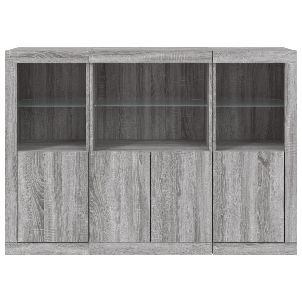 Les buffets gris avec éclairage LED RVB en bois offrent beaucoup d'espace de rangement et sont disponibles en lot de 3 avec lampes LED réglables