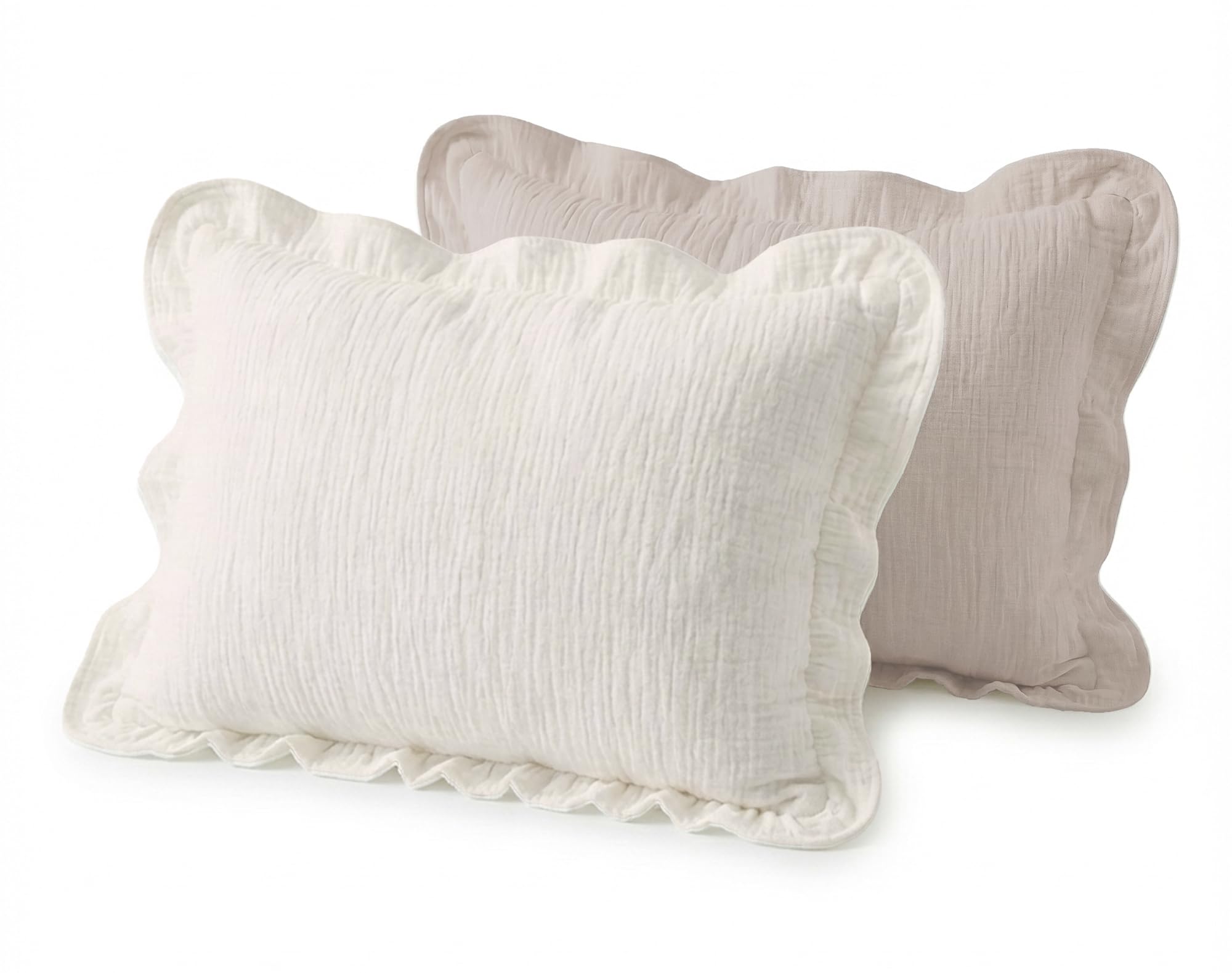 Muslin Ruffled Toddler Pillowcases 13"x18" 2 Pack, Soft, Breathable Muslin Cotton Travel Pillow Covers with Envelope Closure for Baby Boys, Girls & Kids (Beige & Cream-Ruffled, 13 x 18 Inch)