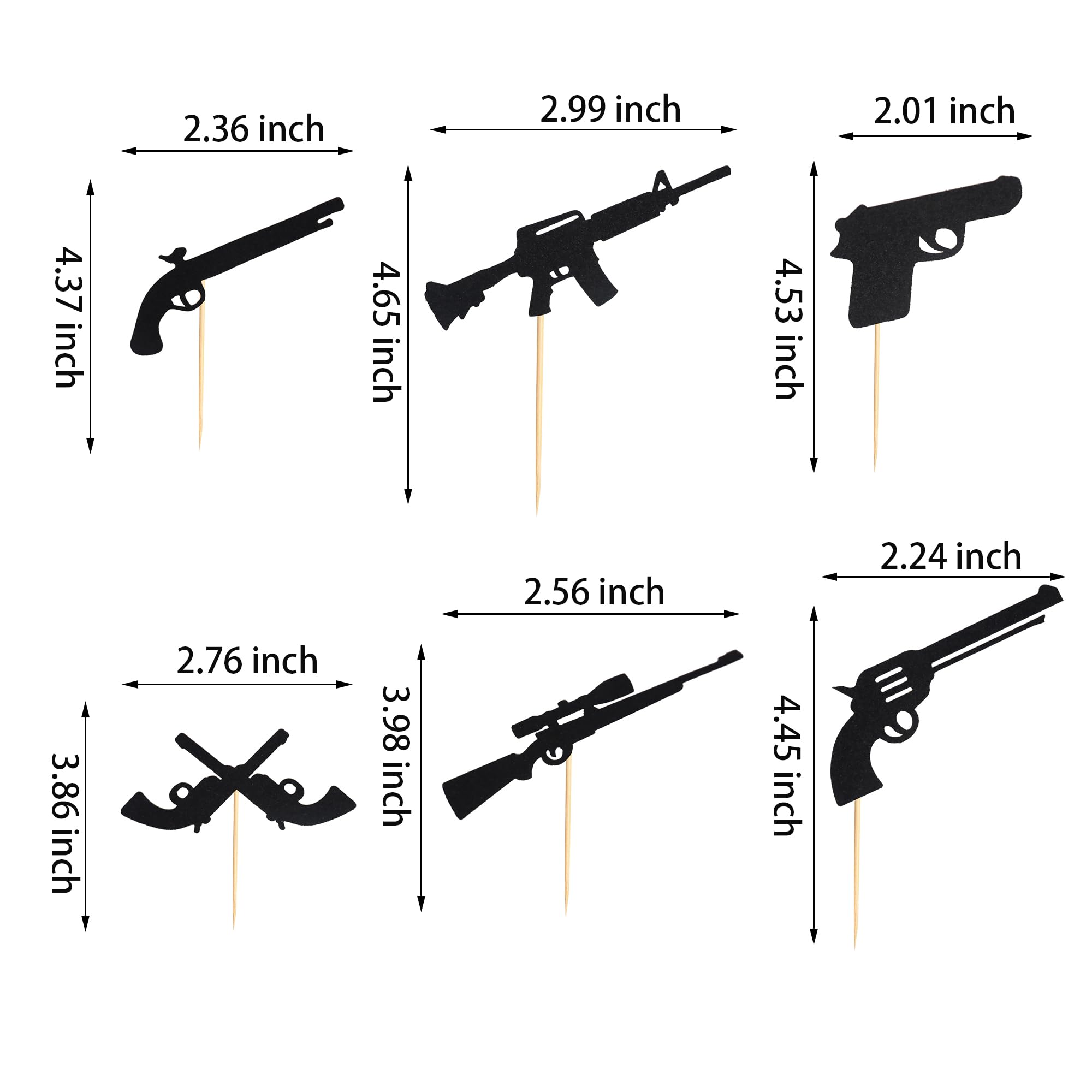 Arthsdite 24Pcs Gun Cupcake Toppers Gun Pistol Shooting Themed Cupcake Picks Baby Shower Birthday Party Cake Decorations Supplies - Black Glitter