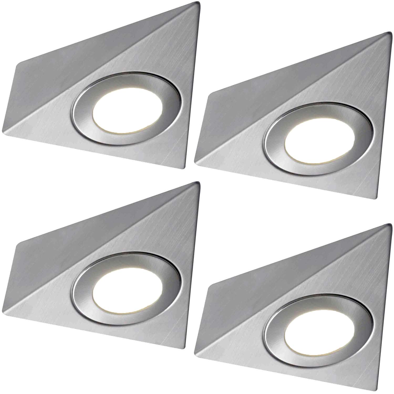 Loops White 4 Pack | *240V Mains* Led Triangle Under Cabinet Kitchen Spotlights | Brushed Nickel & Warm | Surface Mounted Light Fittings | Cupboard Worktop Counter Unit Lighting Kit |