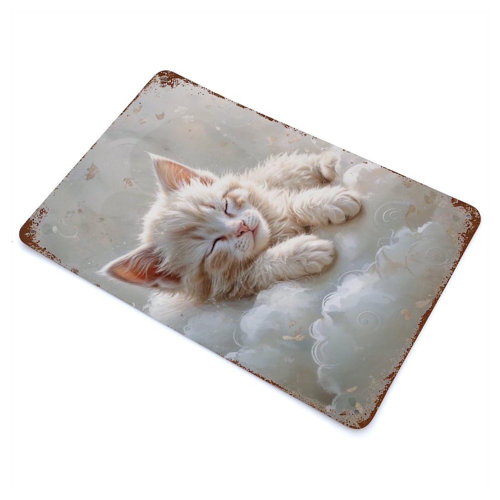 Sleeping White Kitten on Clouds Rust Effect Tin Sign 11.8"x7.9", Farmhouse Wall Decor for Farmhouse, Kitchen And Entryway Decor