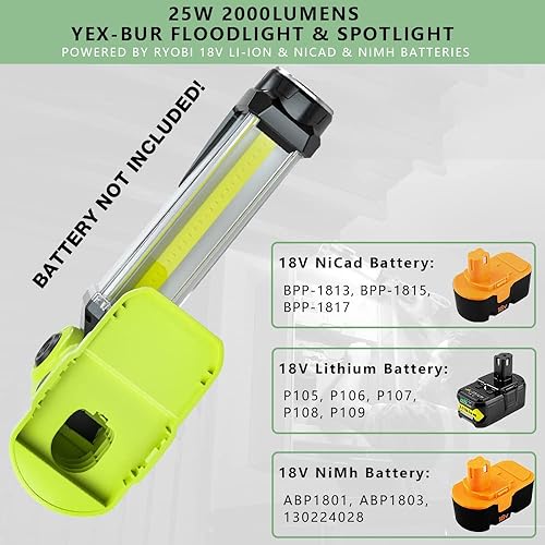 Miniatura 2 de YEX-BUR Ryobi - Foco LED inalámbrico de 18 V, 25 W, 2000 lúmenes, luz de trabajo LED para Ryobi 18 V ONE + batería de iones de litio NiCd NiMh