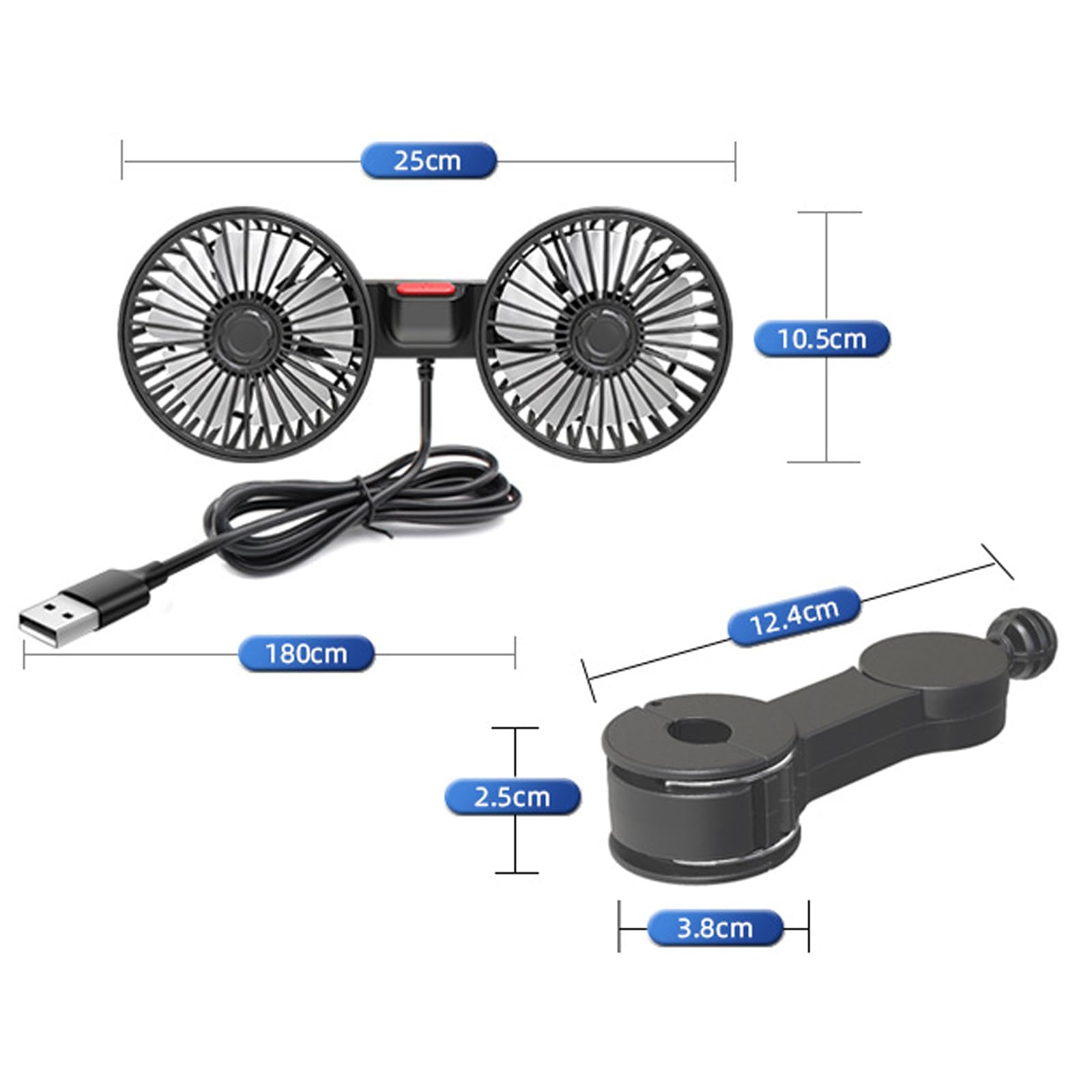 Wentylator samochodowy z podwójną głowicą 12 V, przenośny, obracany o 360°, wentylator samochodowy na tylne siedzenie, wentylator chłodzący z 3 prędkościami, przenośny wentylator USB, do samochodów