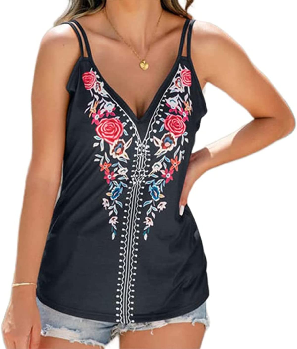 MellifloWomens Embroidered Boho Tank Tops Spaghetti Strap Sleeveless V Neck Mexican Shirts Cami