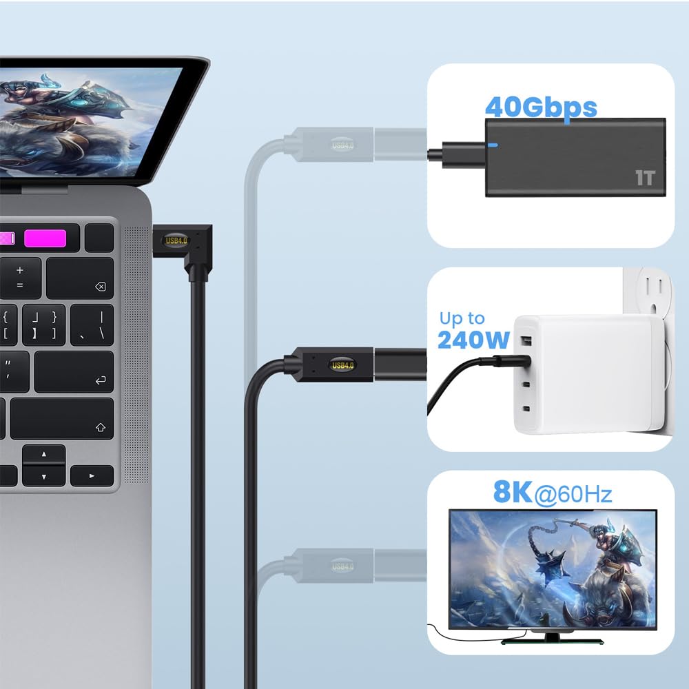 40 Gbit/s USB 4.0 Typ C Verlängerungskabel, gerade Buchse auf links- und rechtwinkligen Stecker, 240 W, 5 A, PD, USB C 4.0 Kabel für Smartphones, Laptops, Thunderbolt 3, unterstützt 8K @ 60Hz