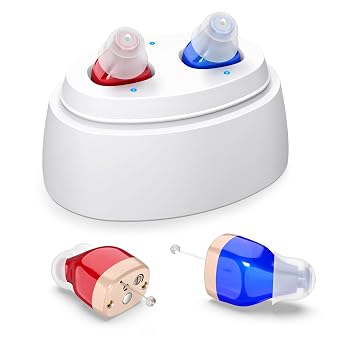 Rechargeable Hearing Aids for Seniors, In-Ear Digital Hearing Aids, Sound Amplifier with Noise Cancellation, Sound Controller for Adults with Hearing Loss, with Portable Charging Case Red/Blue