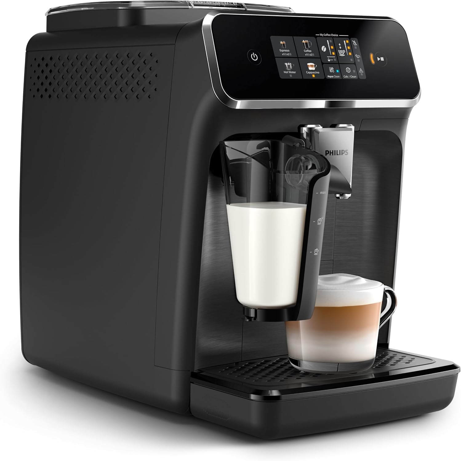 Philips Serie 2300 Macchina da caffè automatica - 4 tipi di bevande, Display touch screen a colori, LatteGo, SilentBrew, Macinacaffè in ceramica al 100%, Filtro AquaClean. Nero Opaco (EP2330/10)