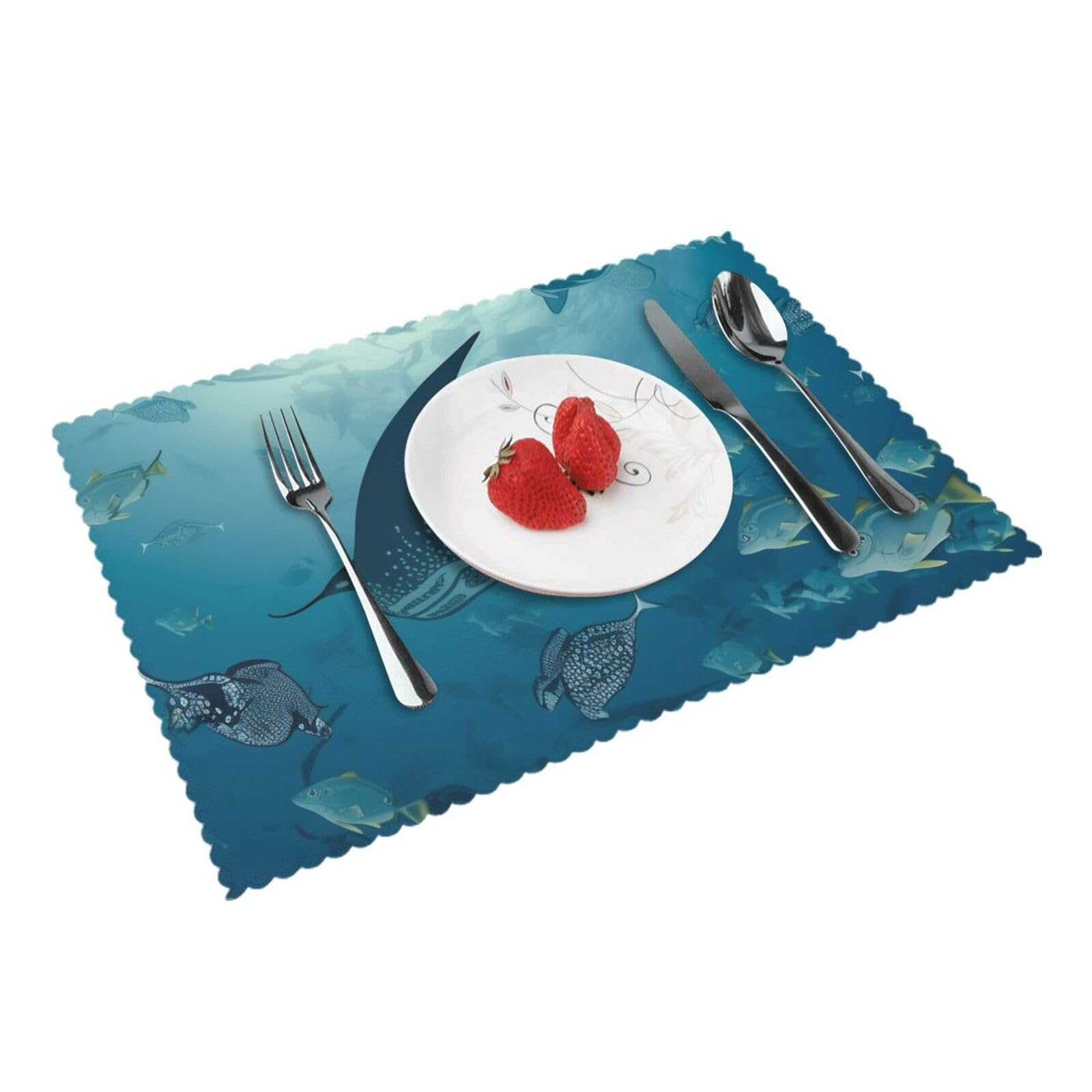 Manta Ray and Fish Printed Placemat Heat Resistant Place Mats Set of 4 PCS Washable Kitchen Table Mats, 12x18 Inch