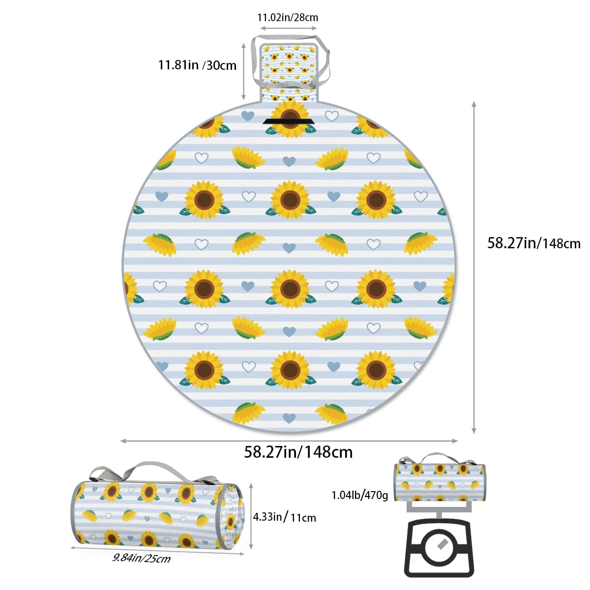 Striped Background Sunflower Picnic Outdoor Blanket Foldable Waterproof Sandproof Beach Blanket Portable Water-Resistant Round Picnic Mat for Travel Camping Park Lawn