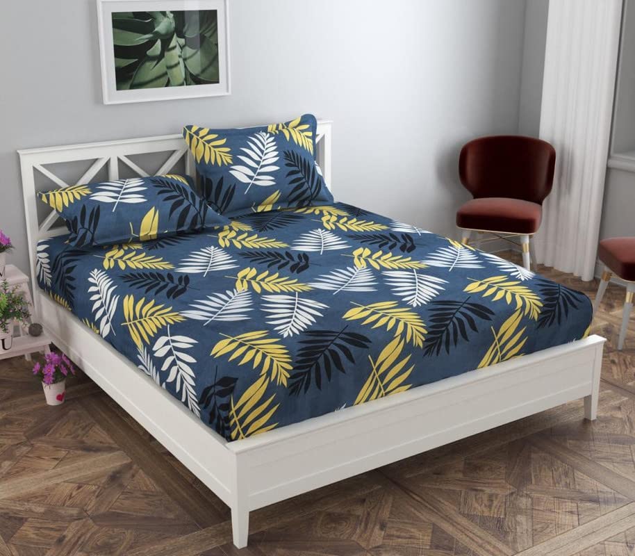 Marino Collection Double Bedsheet with 2 Pillow Covers for Double Bed| 160 TC Soft Brushed Glace Cotton -Long Lasting & Wrinkle Free - | 225x228 cm or 7.5x7.5 ft-Grey & Yellow