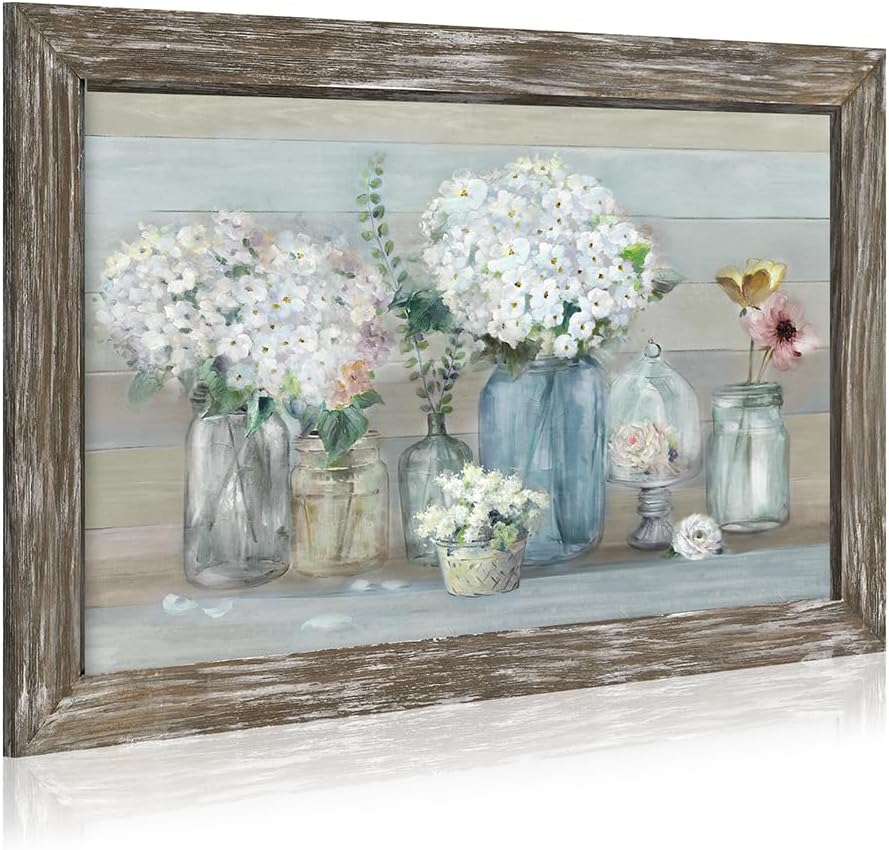 Framed White Flower Wall Art: Wooden Floral Print Painting Rustic Botanical Vase Artwork for Bedroom 24"L x 16"W Multi Flowers