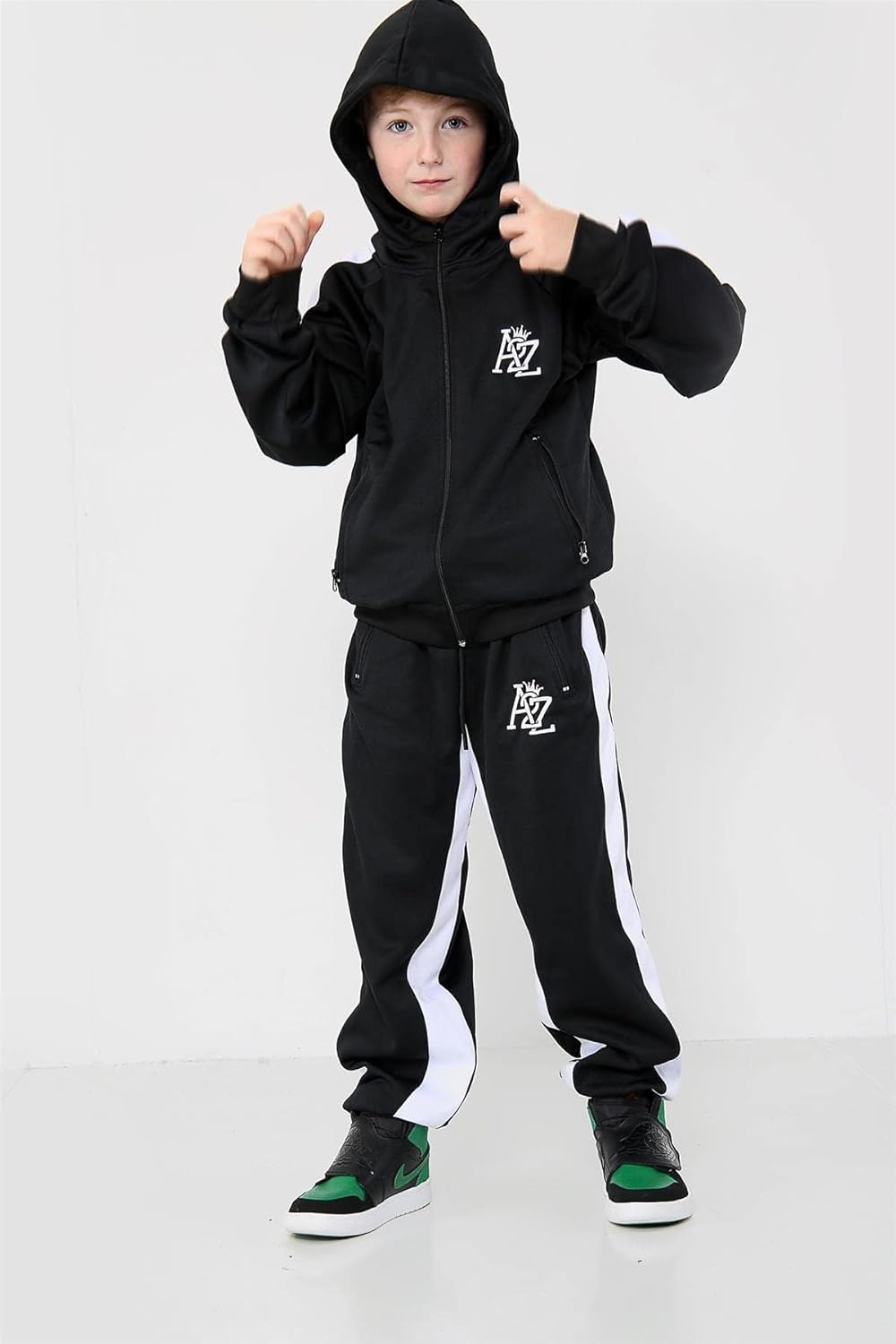 Kids Girls Boys Tracksuit Contrast Panel Fleece Hooded Top Bottom Gym Sportswear