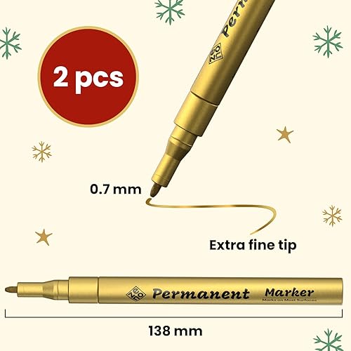 Miniatura 5 de ZENO 2 bolígrafos de pintura dorados marcadores permanentes a base de aceite, tinta dorada metálica, punta extrafina de 0.028 in para rocas, vidrio,