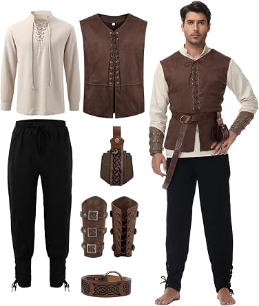 Renaissance Medieval Costume for Men - Pirate Viking Costume 7 Pcs Set, Medieval Cosplay Halloween Outfit