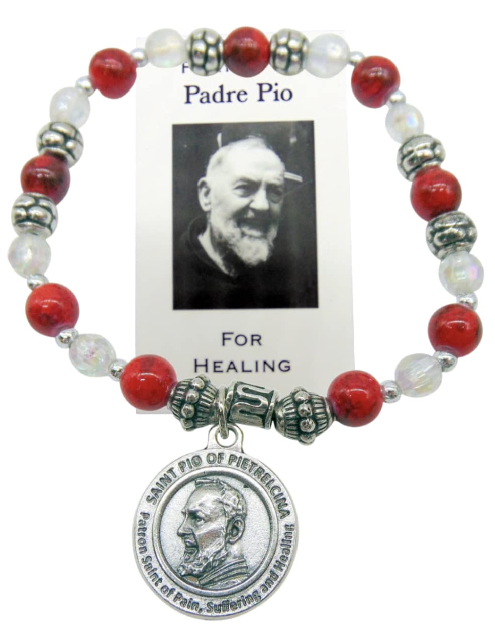 Westmon WorksSt Pio Bracelet Healing Saint Set with Pewter Bangle Charm with Glass Beads Accessory and Holy Prayer Card Made in Italy, Metal, no gemstone