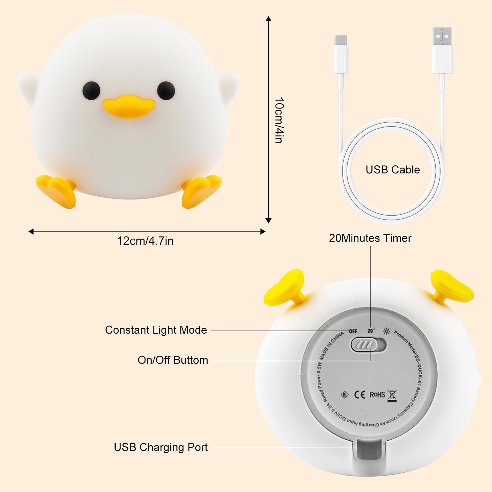 NAJILI Luce Notturna Bambini, Lampada Anatra Bambini Carina LED con Funzione Timer 20 Minuti, Controllo Touch, Portatile, USB Ricaricabile, Dimmerabile, di Compleanno e di Natale per Bambini e Neonati