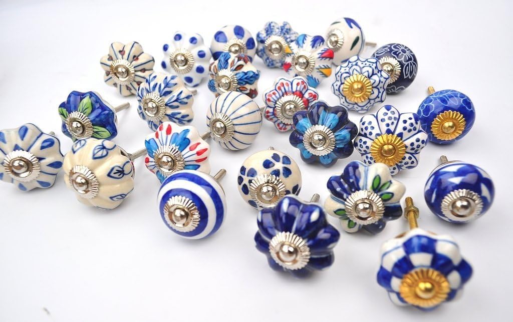 Maithil Art Set Of 25 Blue And White Hand Painted Ceramic Pumpkin Knobs Cabinet Drawer Handles Pulls