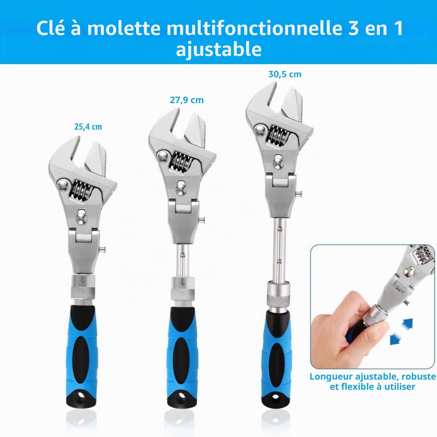 Flexhead Clé à cliquet réglable de 10 à 12 pouces avec tige d'extension rétractable et clé réglable à tête pivotante de 180 °