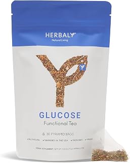Herbaly Glucose Functional Tea: Organic Gymnema Sylvestre, Ceylon Cinnamon, Bitter Melon for Blood Sugar Support - 30 Pyramid Bags