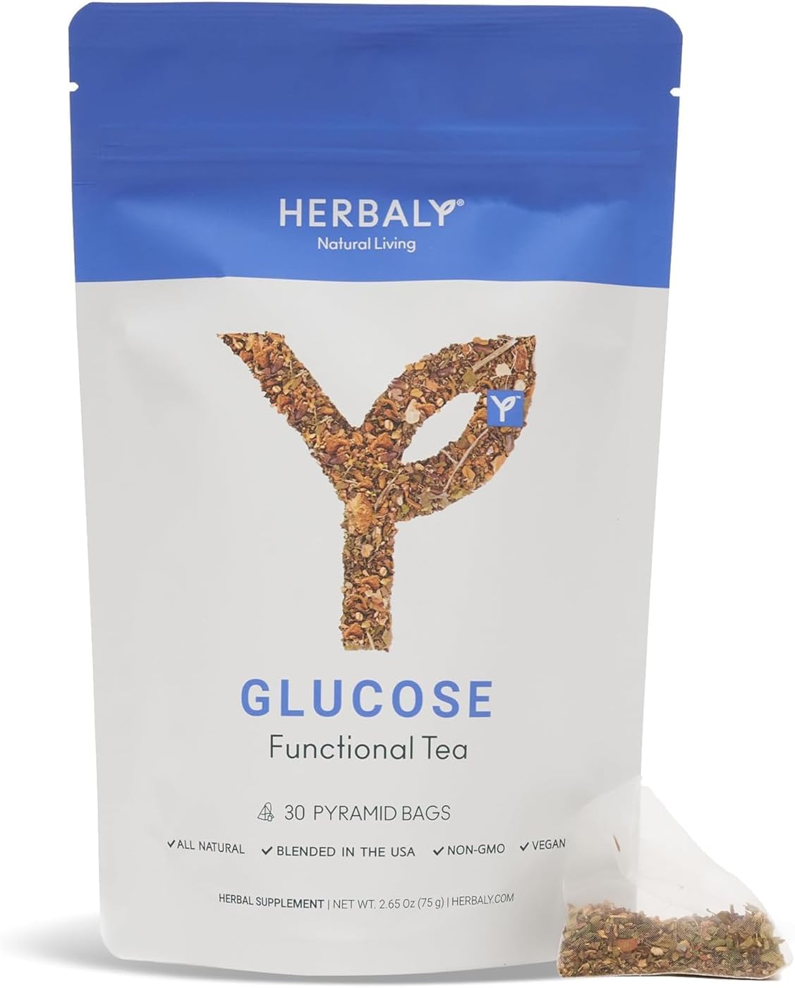 Herbaly Glucose Functional Tea - Vitality & Wellness - Gymnema Sylvestre, Ceylon Cinnamon, Bitter Melon, Dandelion Root, Fenugreek - Daily Teas - Organic Plant-Based Tea Bag Pyramids - 30 ct