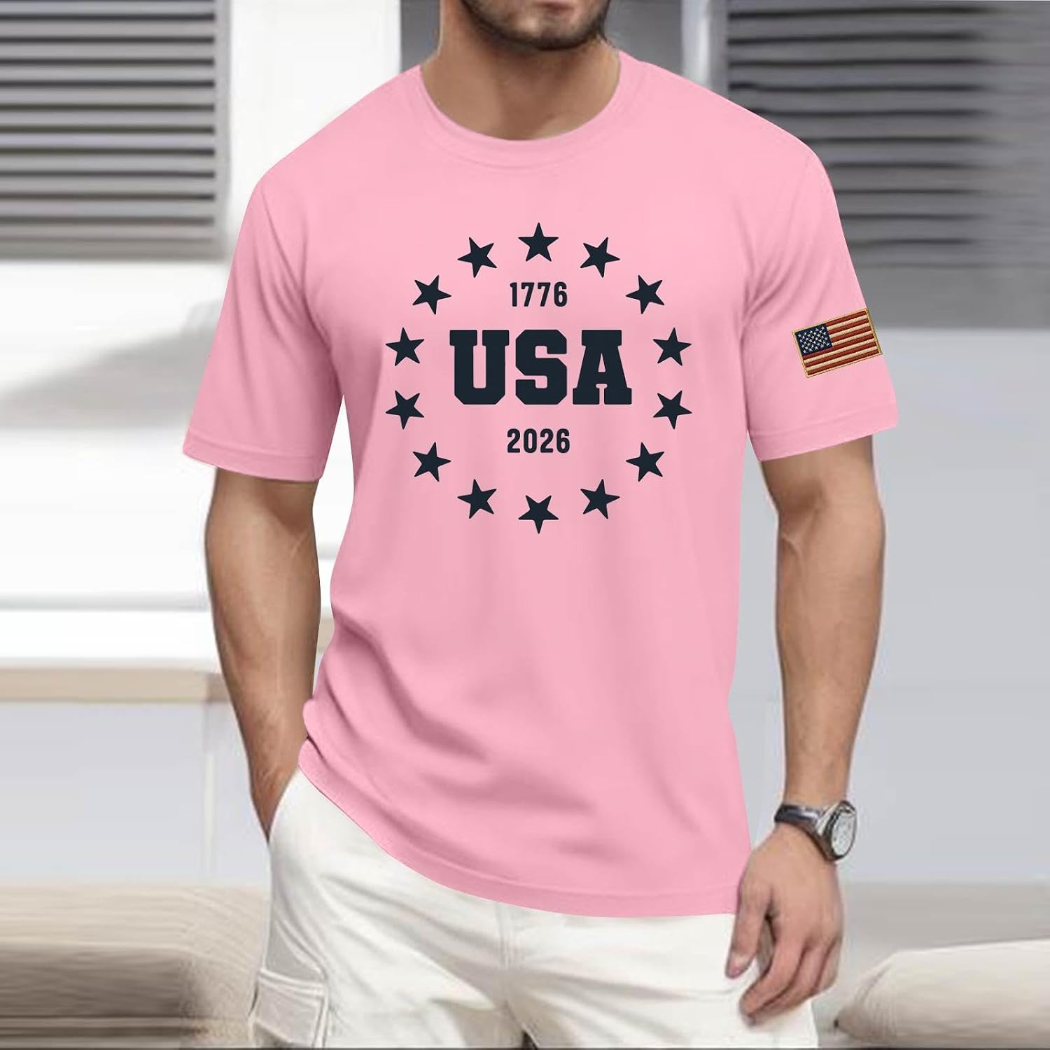 RTRDE Men's American Flag Shirts Short Sleeve 1776-2026 Independence Day USA Print Patriotic Shirt, S-5XL
