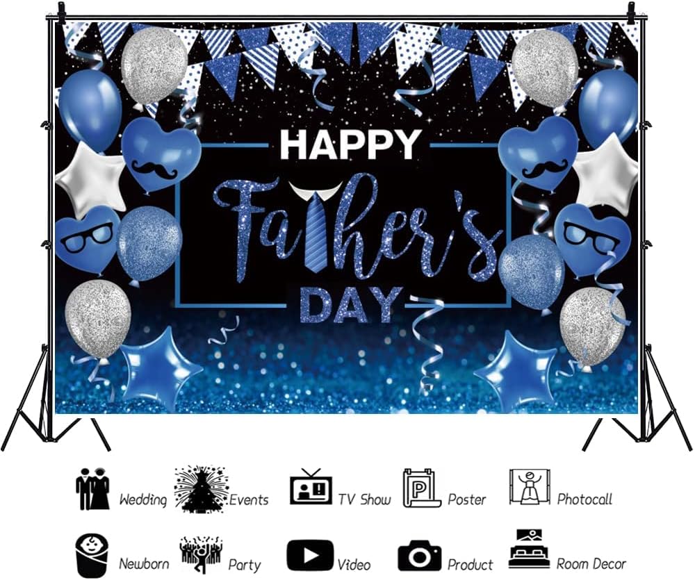 DASHAN 10x8ft Happy Father's Day Backdrop Glitter Blue Balloon Sequins Pennant Necktie Love Heart I Love Dad Photography Background Thanks Daddy Decor Cake Table Banner Photo Polyester Booth Supplies